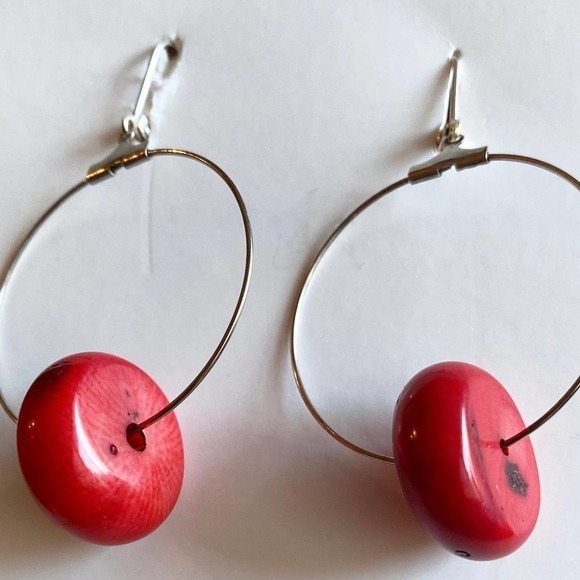 Coral Sterling Silver Dangle Hoop Earring - Picture 3 of 4